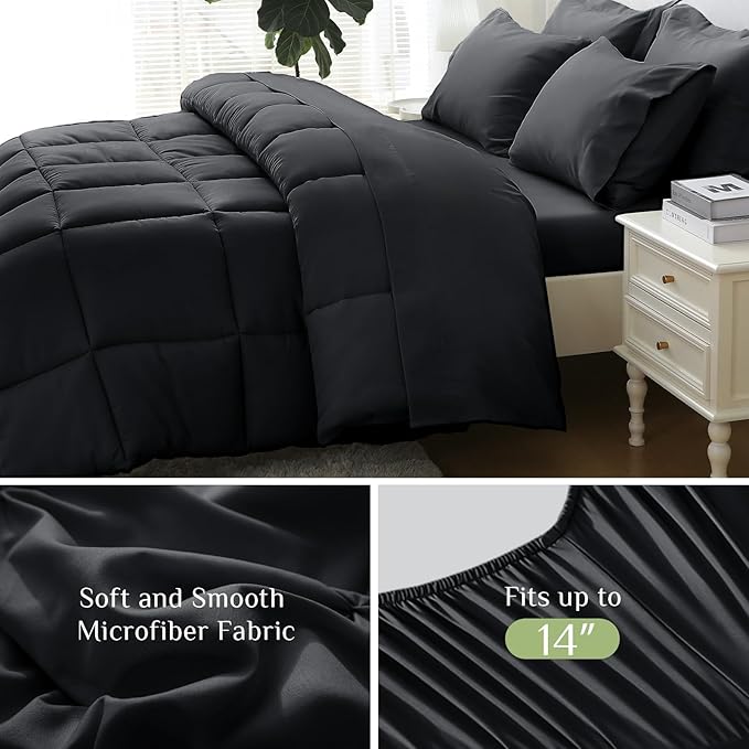JOLLYVOGUE Full Comforter Set, Ultra-Soft Bed in a Bag Full Size 7 Pieces, Oeko-TEX Certified Bedding Set with Down Alternative Comforter, Sheets, Pillowcases & Shams, Black