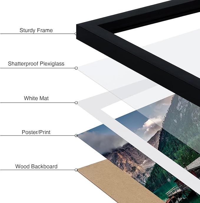 Vittanly 12x16 Picture Frame, Display Poster 11x14 with Mat or 12x16 without Mat, Plexiglass, Wall Gallery Frame for Artwork, Vertical or Horizontal Display, Black, 1 Pack