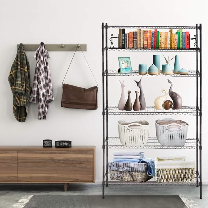 PayLessHere | 6-Tier Wire Shelf | 42"x16"x72" | Black | Adjustable Racks | Heavy-Duty Storage Shelves, Holds Upto 1500 lbs | Rust-Resistant, No-Tool Assembly | for Home, Garage Shelving