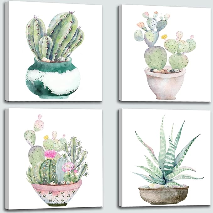 Succulent Plants Bathroom Decor Wall Art, Green Cactus Pictures Canvas Print, Botanical Paintings for Bedroom Living room Office Decoration - 20" X 20"