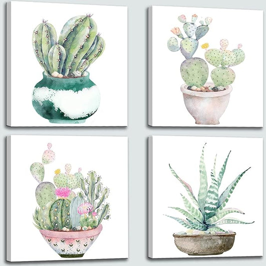 Succulent Plants Bathroom Decor Wall Art, Green Cactus Pictures Canvas Print, Botanical Paintings for Bedroom Living room Office Decoration - 20" X 20"