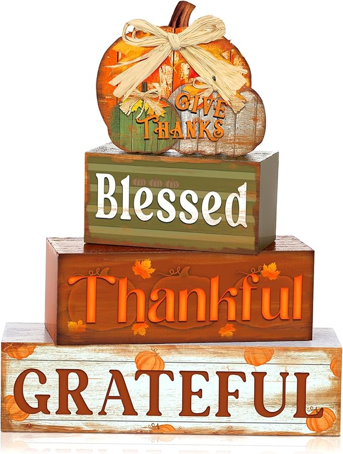 4 Pcs Fall Thanksgiving Decor for Home Thanks Pumpkin Wooden Signs with Blessed Autumn Tiered Tray Decor Give Thanks Tabletop Centerpiece Grateful Block Signs for Fall Office Kitchen Shelf
