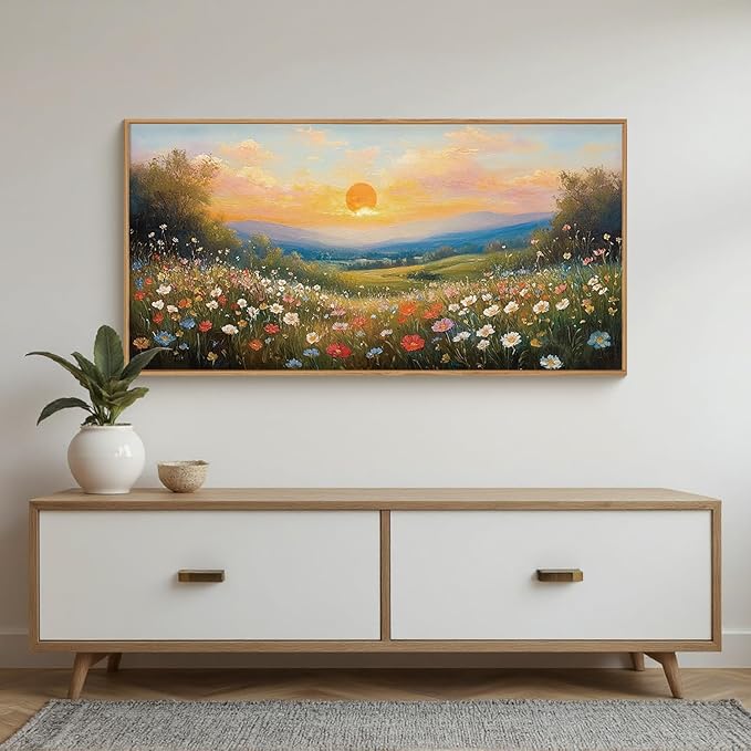 HOURIA Boho Sunrise Wildflower Framed Canvas Wall Art Set,Watercolour Nature Inspired Landscape Wall Decor,Colorful Floral Scenery Artwork,Modern Art Prints for Living Room,Bedroom,Farmhouse-20"x40"x1