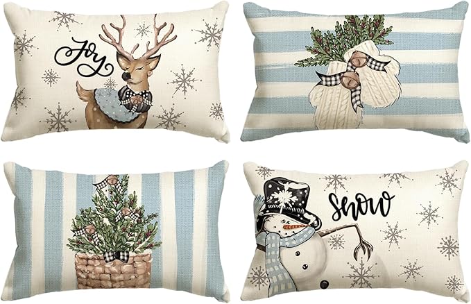 AVOIN colorlife Christmas Snowman Reindeer Gloves Eucalyptus Blue Throw Pillow Covers, 12 x 20 Inch Winter Holiday Stripes Cushion Case Decoration for Sofa Couch Set of 4