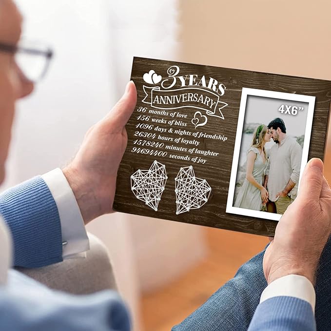 3 Years Anniversary for Her Him - 3rd Year Wedding Marriage Husband and Wife Picture Frame 4x6 Inches - 36 Months Couples Bedroom Decor with Photo