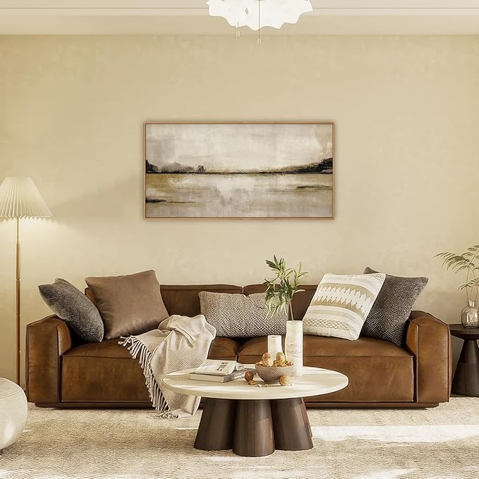 KAIRNE Large Abstract Mountain Lake Wall Art Set, Neutral Textured Canvas Wall Decor, Framed Nordic Tan Wall Painting, Nature Landscape Art Print for Bedroom, Living Room, Office - 20"x40"