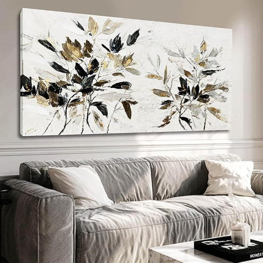 Modern Artwork Black and White Wall Art Abstract Wall Decor for Living Room Home Leaves Canvas Pictures Bedroom Gold Wall Art 24x48 Inch