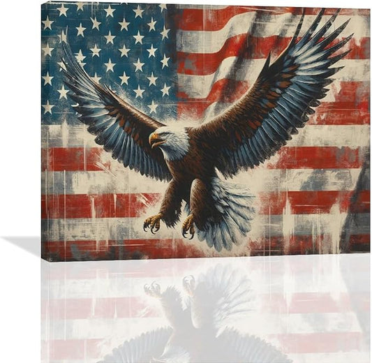 Large Bald Eagle Wall Art American Flag and Eagle Pictures Wall Decor Patriotic Motivational Bedroom Sign Canvas Painting Prints Modern Home Decoration Artworks Framed for Living Room Office 20"x16"