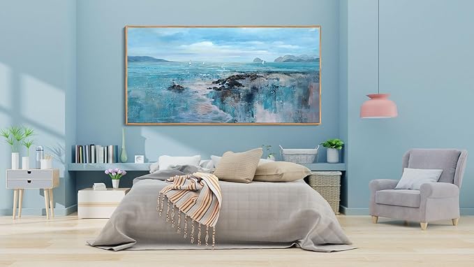 Large Framed Canvas Wall Art - Abstract Modern Artwork for Living Room Decor, 30x60 Blue Ocean Coastal Theme