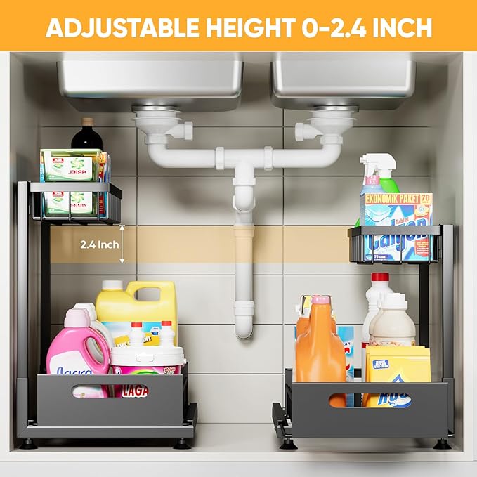 Under Sink Organizer Storage 2-Tier Premium Metal Pull-Out Racks, Height Adjustable, Easy Installation | Kitchen & Bathroom Organizers Pack of 1