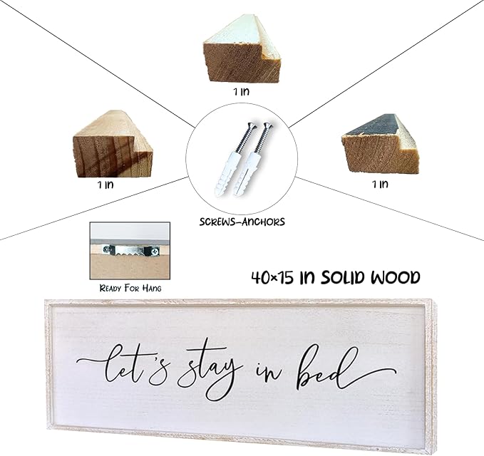 Surfapans Lets Stay In Bed Wall Decor 40”X15” Large Farmhouse Master Room Above Bed Soild Wood Framed Rustic Guest Room Sign Beautiful And Simple Plaque Over Bed Hanging Wall Art Decoration (White)