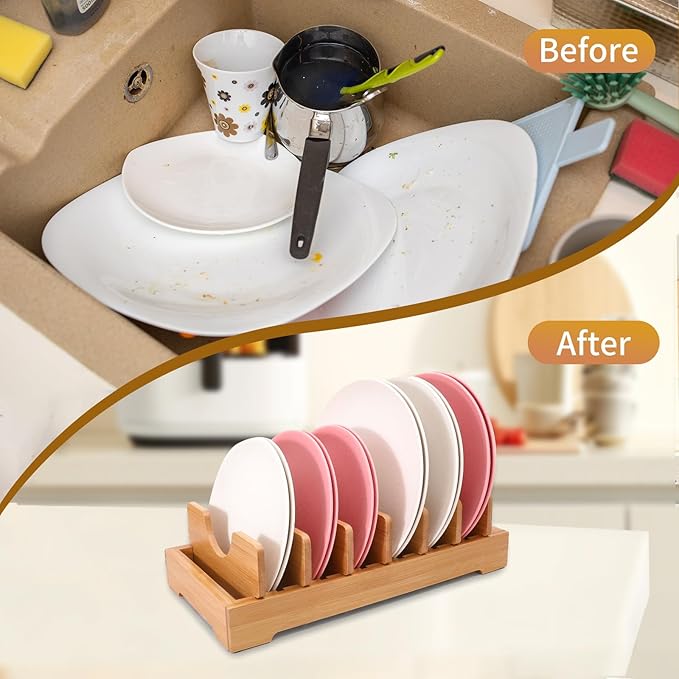 Bamboo kitchen storage rack - adjustable lid rack, suitable for cabinet storage, perfect for pots, pans, cutting boards, baking pans, plates, etc- Keep the kitchen clean and tidy