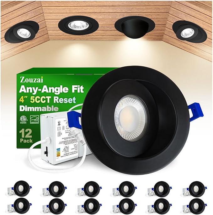 zouzai 12 Pack 4 inch Black 5CCT LED Gimbal Led Recessed Light with Junction Box,360°+ 90° Adjustable Directional Eyeball Lighting, Dimmable, 2700K/3000K/3500K/4000K/5000K,10W=85W-ETL&Energy Star