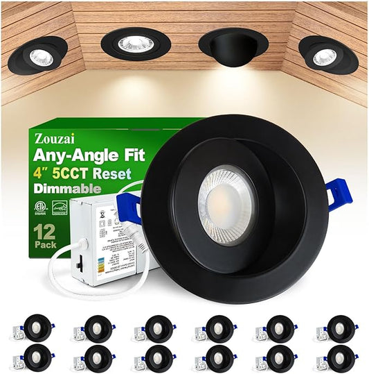 zouzai 12 Pack 4 inch Black 5CCT LED Gimbal Led Recessed Light with Junction Box,360°+ 90° Adjustable Directional Eyeball Lighting, Dimmable, 2700K/3000K/3500K/4000K/5000K,10W=85W-ETL&Energy Star