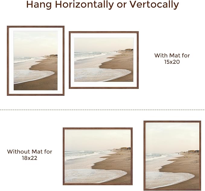 Fun Memories Solid Oak Walnut 18x22 Picture Frame with Real Glass, Matted for 15x20, Home Decor (Walnut, 1 Pack)