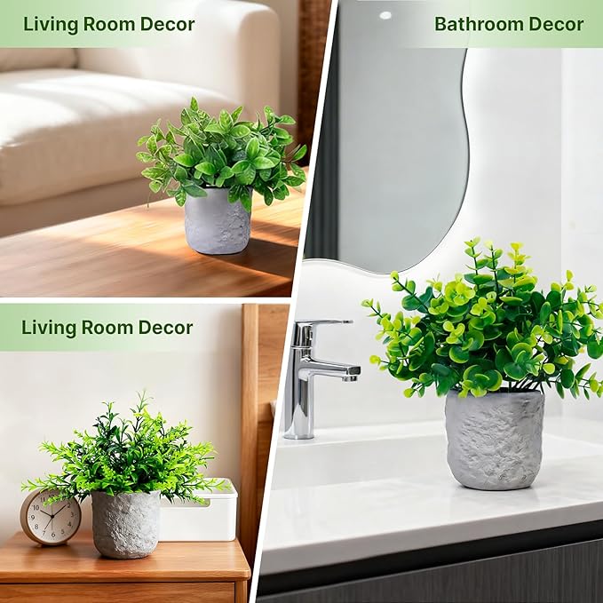 FGSAEOR Mini Potted Fake Plants, Small Artificial Greenery Realistic Plants Topiaries, Low Maintenance, for Home Office Shelf Desk Farmhouse Room Coffee Table Decor (3-Pack) (Green (Round Pot))