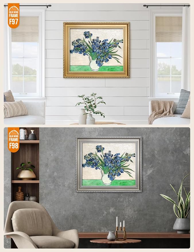 DECORARTS - Vase with Irises1889 - Vincent Van Gogh Giclee Prints w/Antique Brown Frame for Wall Decor. Picture Size: 20x16, Total Size w/Frame: 23x19