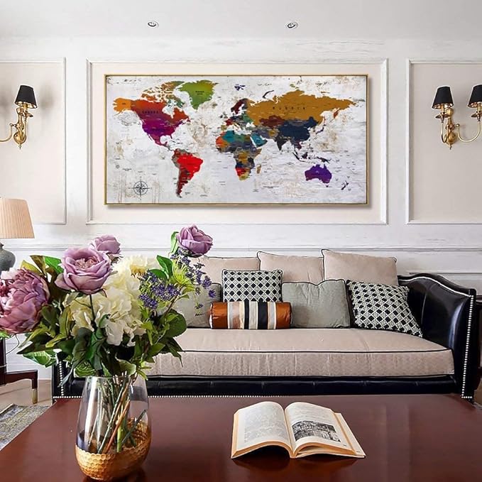 Framed Wall Art World Map Wall Art Canvas Picture 30inx60in Large Antiqued Map of The World Canvas Painting Artwork Prints for Office Wall Decor Home Living Room Decorations Framed Ready to Hang