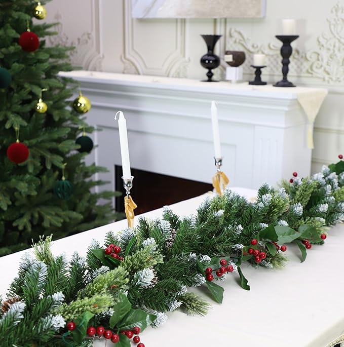 6ft Christmas Garland with Lights,Lighted Artificial Flowering Pine Garland for Mantle,Prelit Faux Green Christmas Winter Garland with Pine Cones and Red Berry for Indoor Outdoor Decor