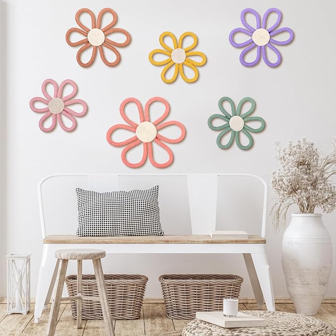 Barydat 6 Pcs Boho Nursery Decor Daisy Flower Woven Macrame Wall Hanging 3 Size Daisy Flower Wall Decor Bohemian Nursery Decorations for Home Dorm Art(Multicolor)
