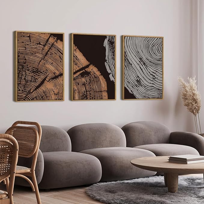 ANHUIB Tree Ring Wall Art 16x24 Inch Black Wall Painting Modern Wood Stump Wall Decor Neutral Minimalist Artprints Set of 3 for Living Room Bedroom Office