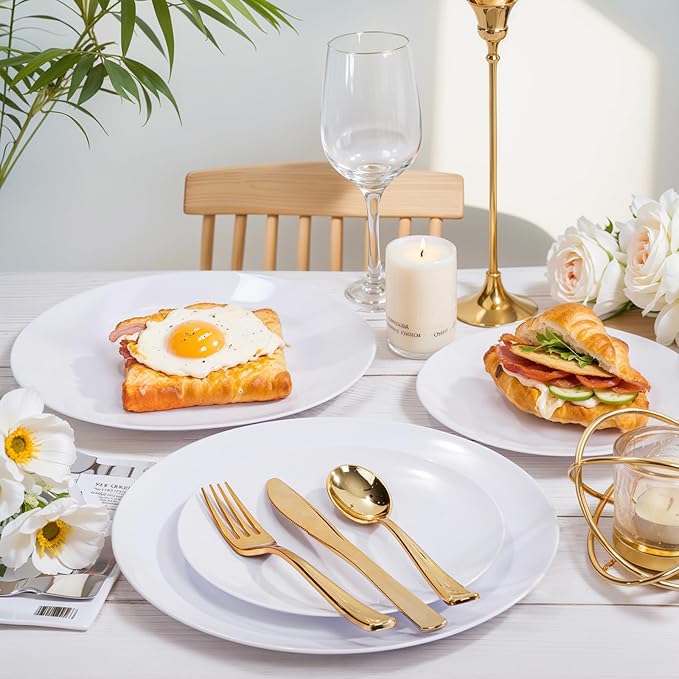 Nervure 100Pcs White Plastic Plates - 7.5inch Disposable White Dessert/Salad Plates - Heavy Duty Plastic Plate Ideal for Wedding & Party