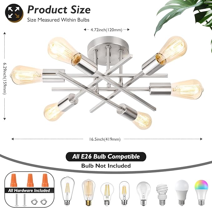 TOBUSA 6-Light Silver Semi Flush Mount Ceiling Light Fixture, Modern Industrial Brushed Nickle Sputnik Ceiling Light, E26 Close to Ceiling Light for Kitchen Bedroom Dining Room Living Room Hallway