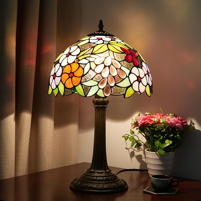 Tiffany Style Stained Glass Table Lamp 12-Inch Purple Grape Flower Reading Bedside Lamp Suitable for Study Living Room Bedroom Coffee Shop Retro Table Lamp Home Decoration Art