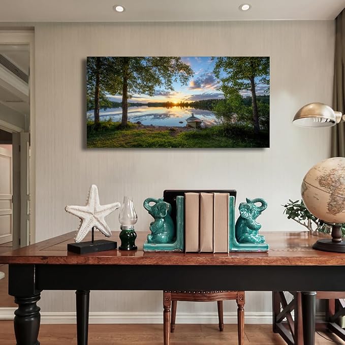 Tree Canvas Wall Art of a Sunrise Over a Forest Lake 24x48inches Nature Inspired Painting Perfect for Wall Decoration in Living Room and Bedroom Trees and Landscape Picture Artwork Prints