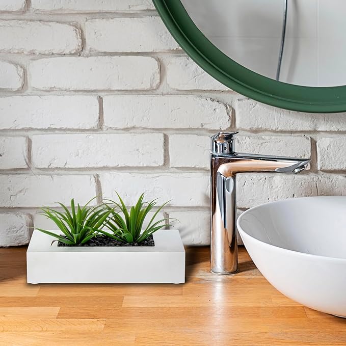 MyGift 10 Inch Artificial Grass Fake Plants in White Rectangular Wood Planter - Faux Plants Indoor for Tabletop Centerpiece Décor