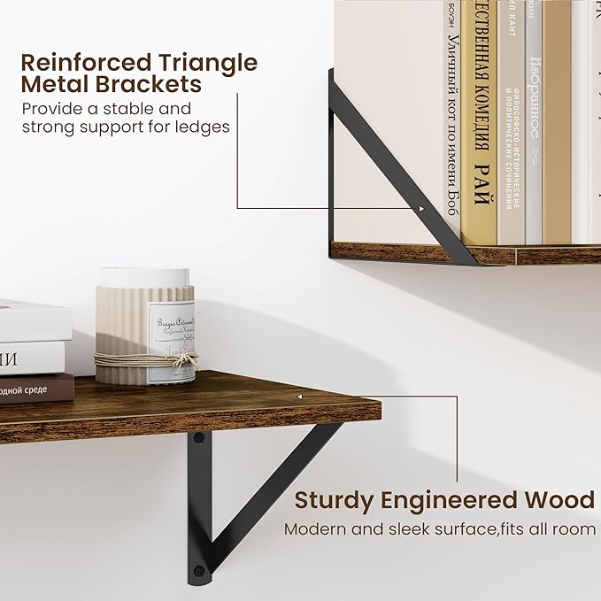 Fun Memories Deep Floating Shelves for Wall, 48W x 8D Wall Mounted Shelves Set of 2, Wide Display Ledge Shelf with Sturdy Metal Brackets for Living Room, Bathroom, Bedroom and Kitchen, Rustic Brown