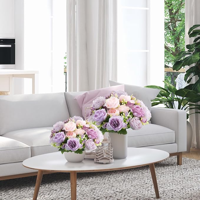 Geosar 8 Bundles Artificial Peonies Flowers Fake Silk Peony Bouquet Faux Peonies Flowers Bulk for Decoration Vase Florals Arrangements Wedding Party Table (Gray Purple,Light Purple)