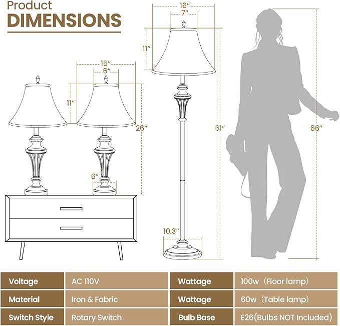 3 Pack Lamp Set (2 Table Lamps, 1 Floor Lamp), 3-Piece Vintage Style Table and Floor Lamp Set in Bronze Finish with Brown Fabric Lamp Shades, 26" and 61"(H), Solid Iron