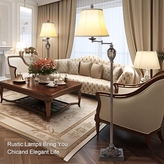 Traditional LED Floor Lamp with 350° Adjustable Swing Arm Lamp – Vintage Standing Pole lamp for Living Room, Bedroom and Office – Rustic Upright Floor Light for Home Décor with Faux Silk Fabric Shade