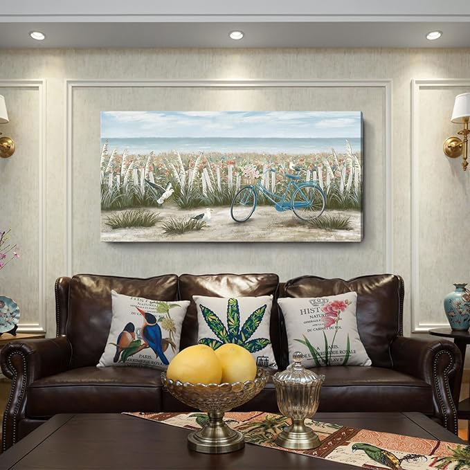 Large Wall Art for Living Room Boho Ocean Beach Canvas Print Coastal Vintage Wildflower Daisy Flowers Landscape Seaside Blue Bicycle Seagull Seascape Artwork for Seashore Farmhouse Bedroom 60x30inch