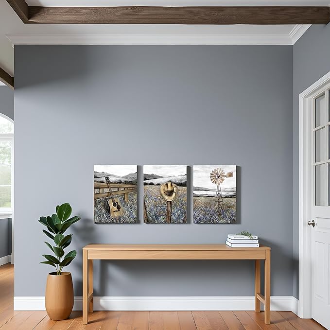 sechars Farmhouse Landscape Painting Canvas Texas Bluebonnets Field Wall Art Rustic Countryside Windmill Pictures Cottagecore Bedroom Bathroom Decor