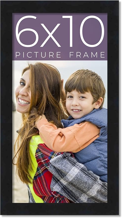 6x10 Frame Black Real Wood Picture Frame Width 0.75 Inches | Interior Frame Depth 0.5 Inches | Noir Classique Mid Century Photo Frame Complete with UV Acrylic, Foam Board Backing & Hanging Hardware