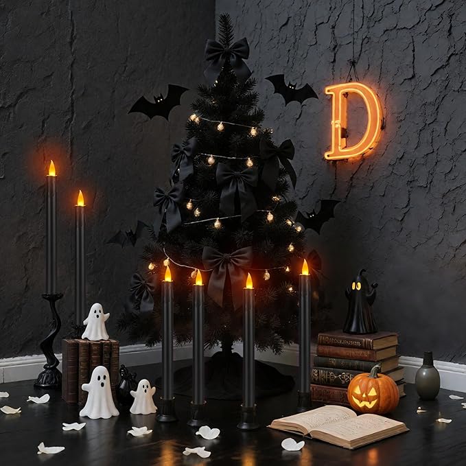 24 Pcs Black Flameless Taper Candles with Remote, 10" Black Battery Operated Led Candlesticks with Flickering 3D Flame, Fake Taper Candles for Halloween Anniversaries Dinner Home Décor