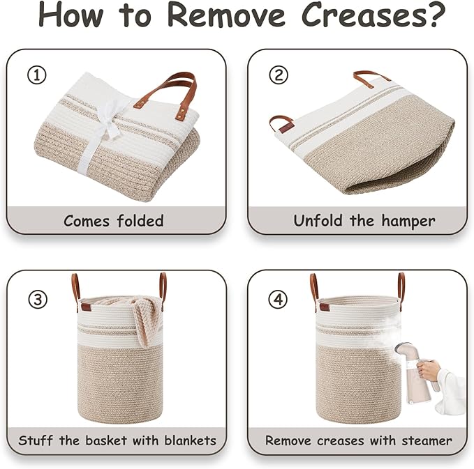 VIPOSCO Tall Laundry Basket, Large Dirty Clothes Hamper with Leather Handle, Woven Rope Storage Basket for Blanket, Toy In Living Room, Bathroom, Bedroom - 100L Brown & White