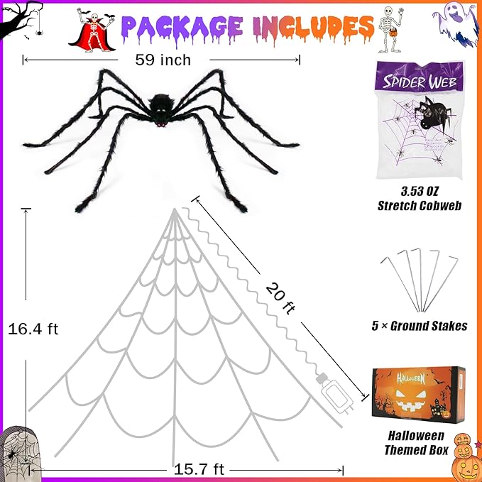 Halloween Spider Web Lights Decoration 455 LED Spider Webs Halloween Decorations Outdoor with 59" Large Spider & 3.53 oz Stretch Cobweb 16.4 Ft Light Up Giant Spider Web with 8 Modes & Timer (Purple)