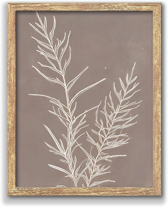 GUMEYJIA Botanical Wall Art Print White Leaves on Brown Background Rustic Frame Modern Farmhouse Home Decor Kitchen Wall Signs (Frame 8x10in)