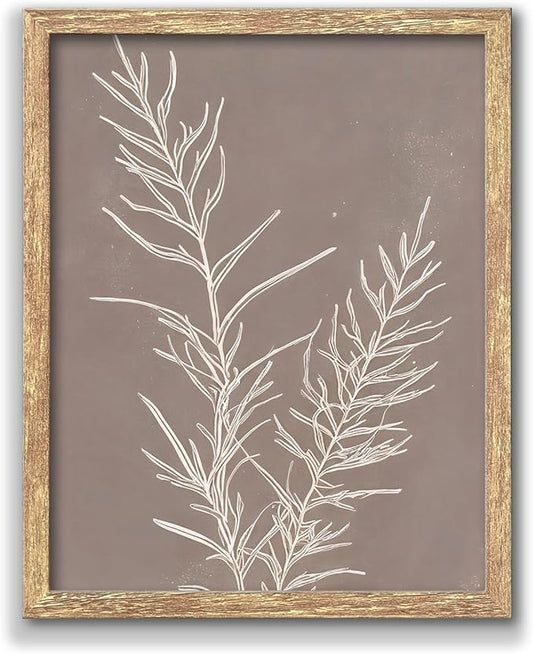 GUMEYJIA Botanical Wall Art Print White Leaves on Brown Background Rustic Frame Modern Farmhouse Home Decor Kitchen Wall Signs (Frame 8x10in)