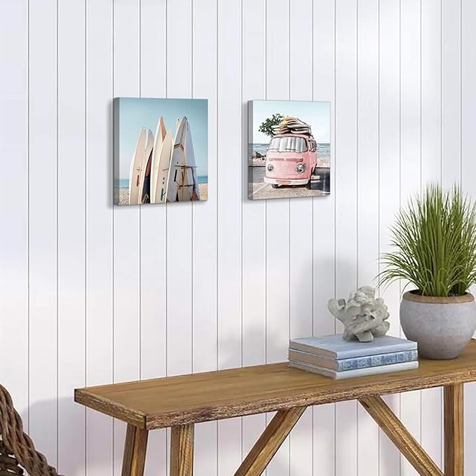 Beach Picture Coastal Art Painting: Surfboard & Pink Car Ocean Wall Art on Canvas for Bedroom Bathroom (12” x 12” x 2 Panels)