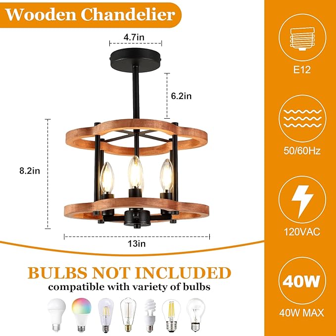 4-Light Rustic Semi Flush Mount Ceiling Light, 13" Farmhouse Wood Close to Ceiling Lighting with Black Metal Industrial Hallway Light Fixtures for Living Room Bedroom Dining Room Foyer Entryway