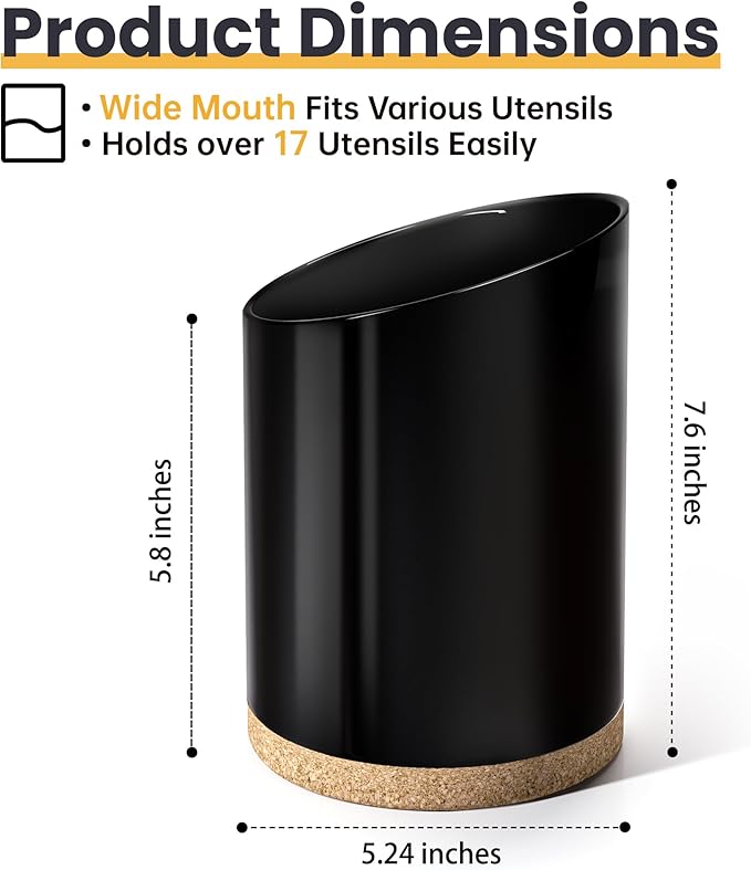 Large Ceramic Utensil Holder for Kitchen Counter, Modern Crock with Slanted Top & Cork Mat, for Spatulas & Cooking Spoons, Black