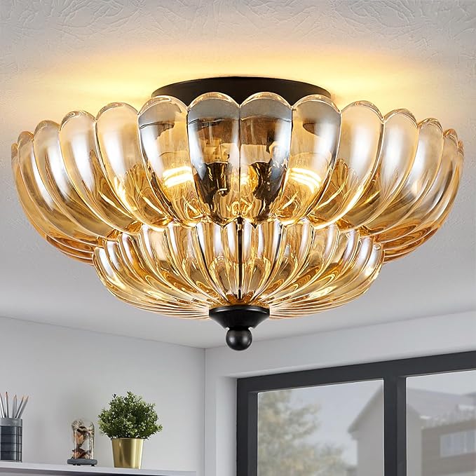 Modern Black Ceiling Light Fixture, 12" Amber Glass Flush Mount Chandeliers, Semi Flush Mount Ceiling Light Fixture Suitable for Living Room Hallway Kitchen Bedroom
