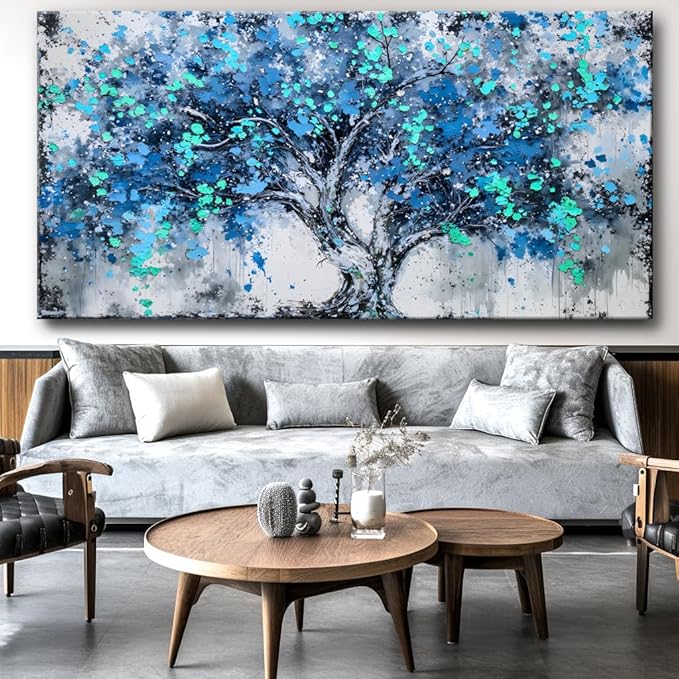 Tree Wall Art Teal Blue Nature Tree of Life Abstract Canvas Painting Textured Picture, Modern Landscape Artwork Framed for Living Room Bedroom Bathroom Office Home Decor 58x28in