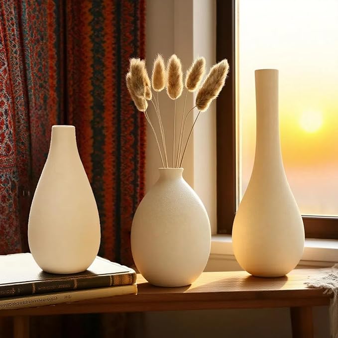 Ceramic Vase Set 3-Piece - Bohemian Farmhouse Style Decorative Vases for Pampas Grass,Beige Vases for Home Decor, Living Room, Kitchen, Bedroom, Entryway & Mantel