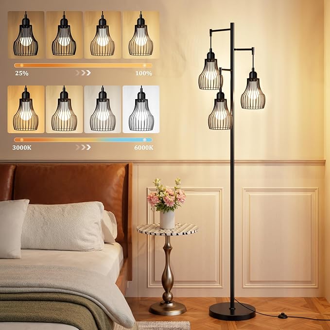 Dimmable Floor Lamps for Living Room, Farmhouse Tree Standing Tall Lamp with Remote Control 3 Elegant Cage Shade LED Bulbs for Bedroom Office - Black