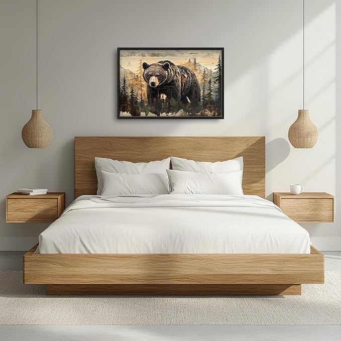 Cabin Wall Art for Living Room, Brown Bear Canvas Wall Decor, Large Wildlife Animal Pictures Framed Painting, Natural Landscape Artwork for Bedroom Office Home Decor 36L'' × 24W''
